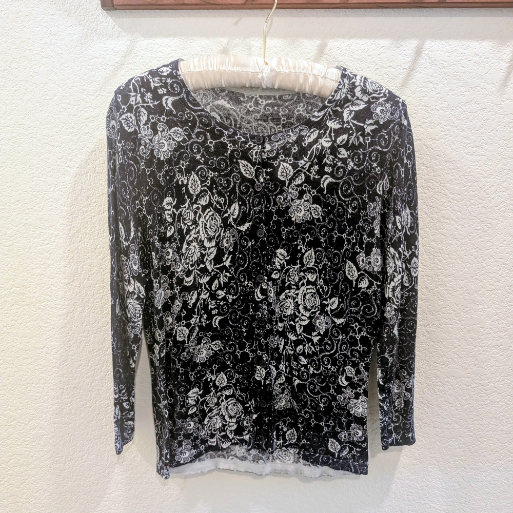 Garnet Hill Merino Wool Black and White Floral Cardigan